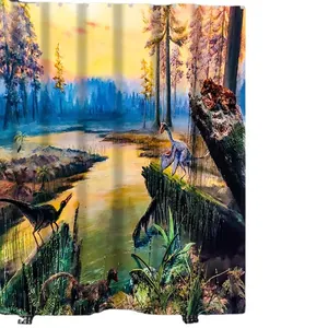 Waterproof polyester shower curtain featuring a colorful prehistoric dinosaur forest landscape