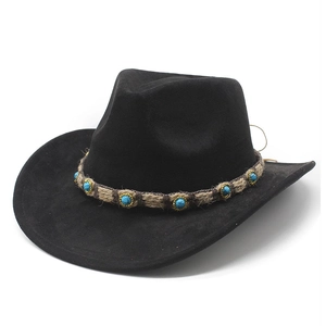 Chapeau de cow-boy en suédine noire avec perles turquoise ethniques et ruban tressé