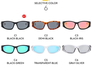 Selective color chart showing six vintage oval Y2K sunglasses with metallic temple accents