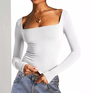 Slim fit white long sleeve crop top with square neck for women, stylish minimalist fashion