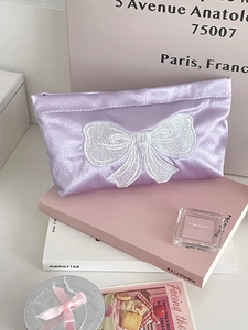 Satin lavender makeup bag with white bow embroidery and large capacity storage