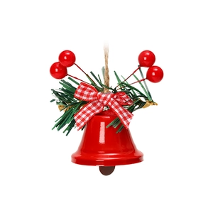 Campanella di Natale rossa in metallo con fiocco a scacchi e aghi di pino decorativi