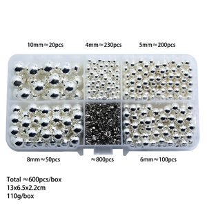 Silver bead set with sizes 4-10mm and connectors in a clear storage box for DIY crafts