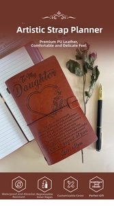 Detail of A6 leather journal featuring laser-engraved butterfly and heartwarming quote