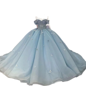 Sky blue off-the-shoulder ball gown with butterfly appliqués and lace embroidery