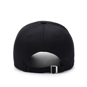 Rear view of black cotton baseball cap showing adjustable silver metal buckle strap
