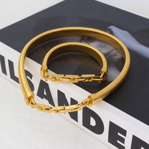 Gold-plated snake bone chain necklace and bracelet set with H-shaped link clasps