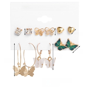 Detailed set of butterfly and crystal earrings with sizing information and weight