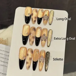 Handmade Black French Cat Eye Press On Nails With 3D Floral Rhinestone Gilded Design Long Oval Almond Shape Reusable False Nails
