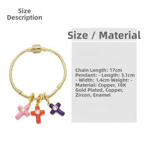 Detail of 18K gold-plated snake chain bracelet with zircon cross charms and size markings