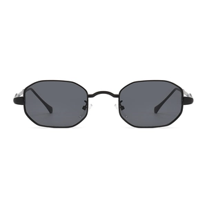Octagonal metal frame sunglasses with dark grey lenses and minimalist design
