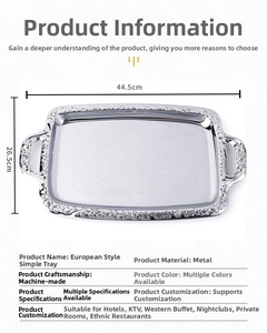 Detailed size view of silver stainless steel tray with floral embossed edges and handles