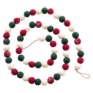 Red white and green wool felt ball garland with snowflake pattern for Christmas decor