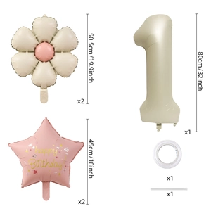 Detailed size guide of daisy and number one foil balloons for birthday party decor