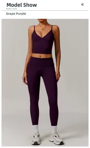 Detail of grape purple yoga set with V-neck camisole top and high-waisted leggings
