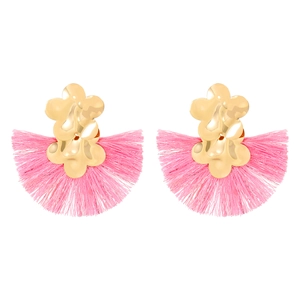 Elegantes pendientes de flor dorada en forma de abanico con borlas de seda rosa para mujer