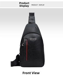 Detail view of black PU leather chest bag featuring litchi texture and red vertical stripe