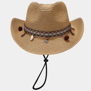 Bohemian straw cowboy hat with ethnic embroidery and seashell tassels for beach travel