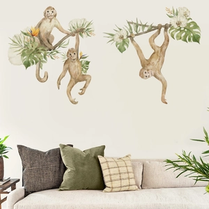 Watercolor monkey wall stickers with tropical leaves for living room bedroom decoration