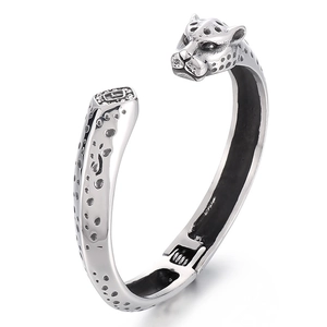 Silver titanium steel leopard head open bracelet with black spots and luxury design