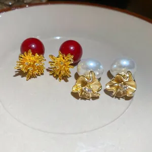 French Palace Style Floral Earrings 18K Gold Plated Brass Zircon With 925 Sterling Silver Earring Post Vintage Design