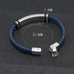 Detail of blue braided leather bracelet with stainless steel plate and dimensions