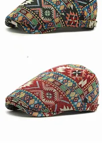 Close-up of wine red woven beret with vintage geometric jacquard and metal buckle