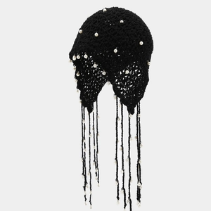Crochet Cotton Beanie Women Hollow Out Knit Hat With Artificial Pearl Tassel Pendants Bohemian Ethnic Pullover Cap