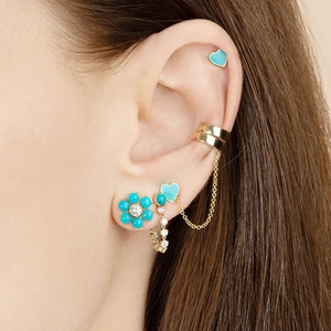 S925 silver needle heart stud earrings with flower dangle and gold chain ear cuff