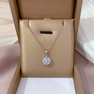 Titanium steel silver necklace with round zircon pendant displayed in a brown jewelry box