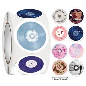 Close-up of music-themed cartoon stickers with dimensions and 8 unique album designs