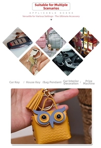 Yellow leather owl keychain with blue eye accents and stylish matching fringe tassel