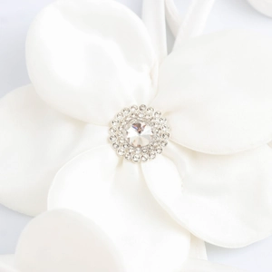 White 3D fabric flower crop top with crystal center and lace-up straps for beach vacation