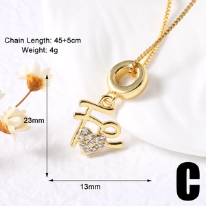 Detail of 18k gold plated necklace with zircon pendant including size and weight specs
