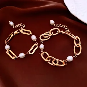 Artificial Pearl Bracelet 18K Gold Plated Iron Chunky Link Chain Adjustable Elegant Fashion Jewelry For Women