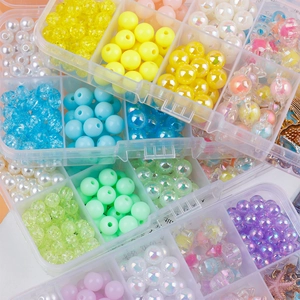 DIY bead set in clear organizer box with colorful round, crackle and shell charm beads