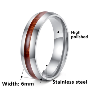 6mm wide stainless steel ring with brown wood inlay and polished mirror finish