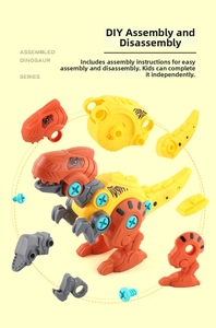 Exploded view of a DIY dinosaur building set with orange Tyrannosaurus parts and blue screws