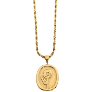 French vintage sunflower oval pendant necklace with golden twist chain in stainless steel