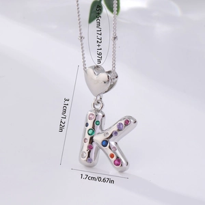 Silver alphabet K heart necklace with colorful zircon stones 45+5cm chain size detail