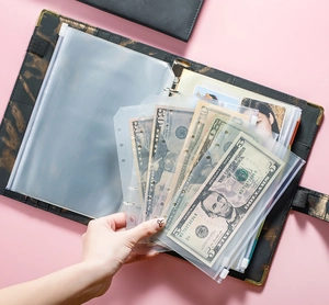 Close-up of marble pattern binder with transparent PVC zipper pockets for budgeting