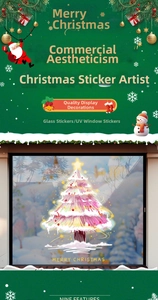 Detail of pink and white UV printed Christmas tree window sticker with festive snow