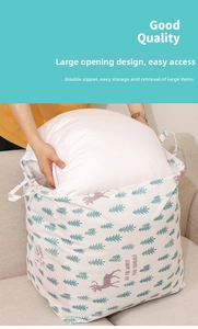 Large fabric storage bag with elk print showing double zipper and reinforced handles