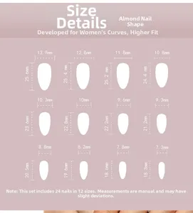 Size chart showing 12 almond-shaped press-on nail dimensions with length and width details