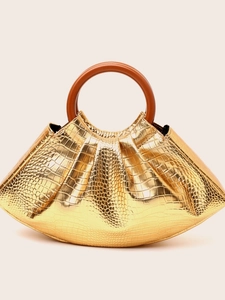 Women Pleated Handbag Retro Round Wood Handle Cloud Pouch Bag Metallic Crocodile Pattern PU Corduroy Evening Party