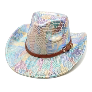 Western holographic cowboy hat with colorful snakeskin pattern and brown faux leather band