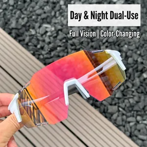 White photochromic cycling sunglasses for men with day night dual use gradient lenses