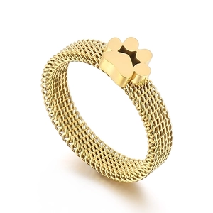Chic golden mesh band ring featuring a 3D cat paw charm in polished stainless steel