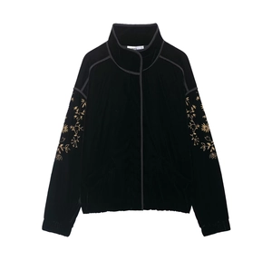 Schicke schwarze Samtjacke mit Stehkragen und goldener Blumenstickerei an den Ärmeln
