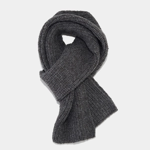 Detail of dark grey thick ribbed knit scarf with heavy texture for winter warmth
